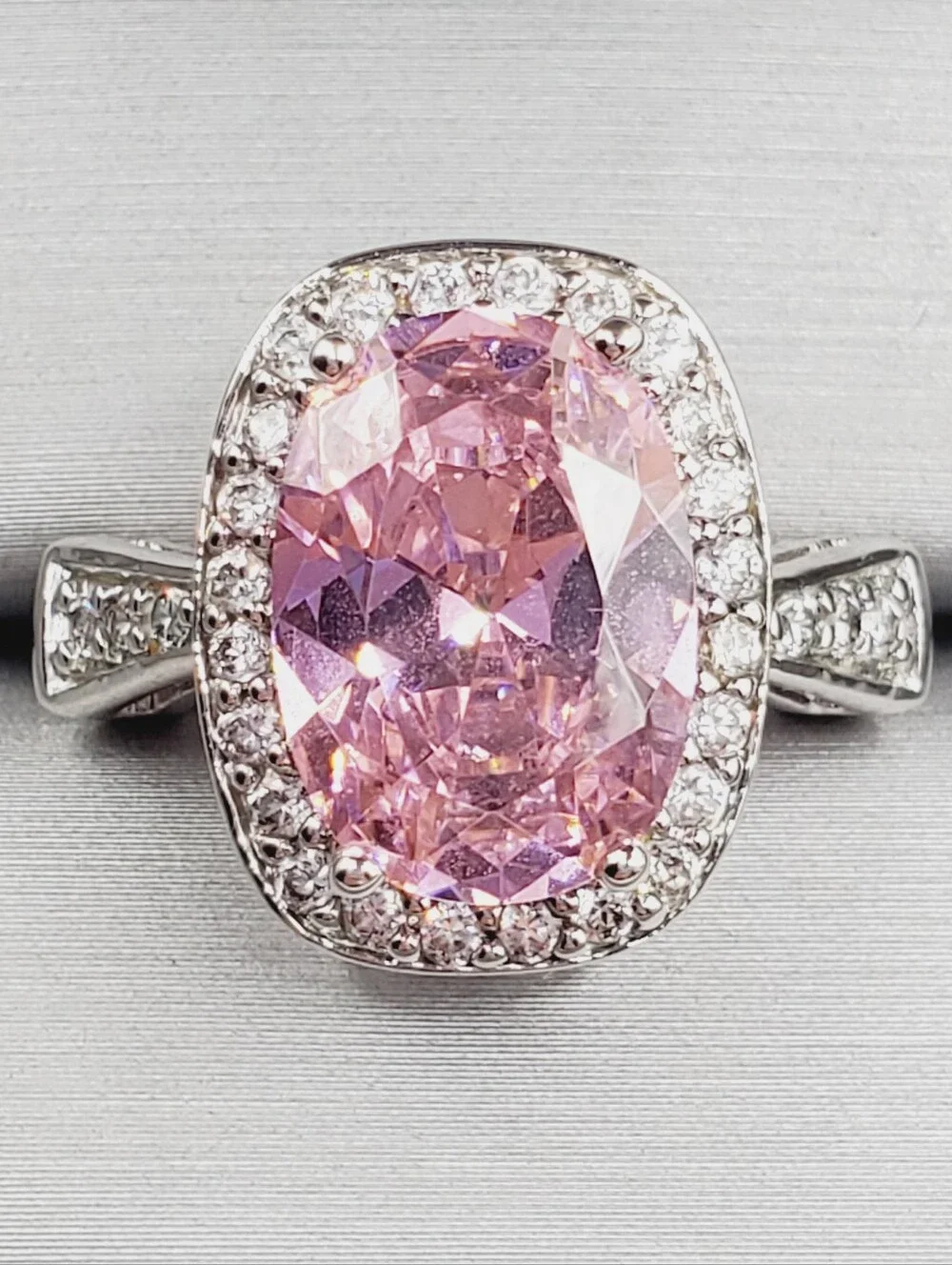 Pink Oval Halo Cocktail Ring in Silver Tone